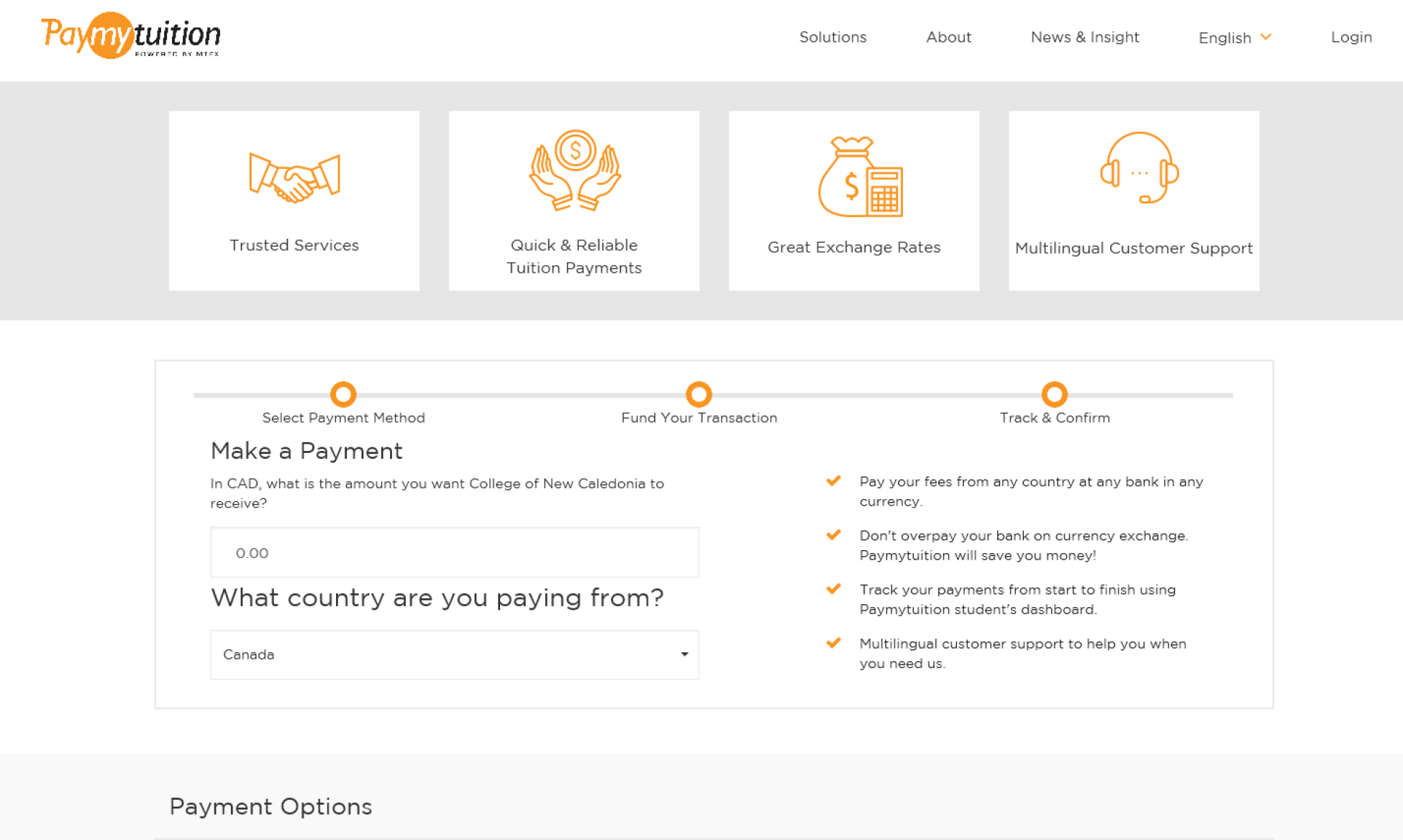 This screen has a fillable field underneath "Make a Payment" where you will enter the amount you want to pay. Underneath this, it specifies the country you are paying from.