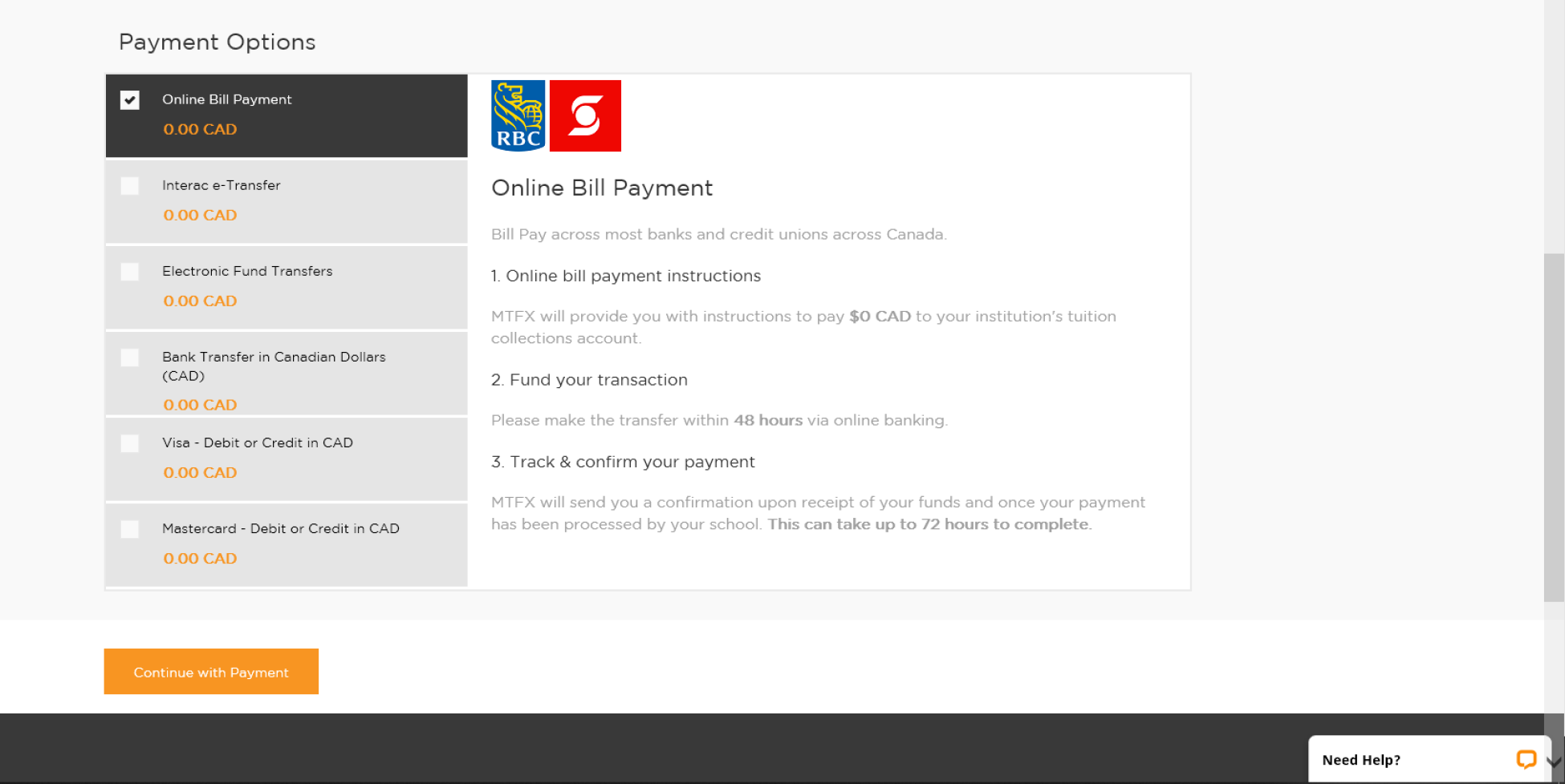 The left hand column of this screen shows payment options: Online Bill Payment, Interact e-Transfer, Bank Transfer in Canadian Dollars, Visa- Debit or Credit in CAD, Mastercard- Debit or Credit in CAD.