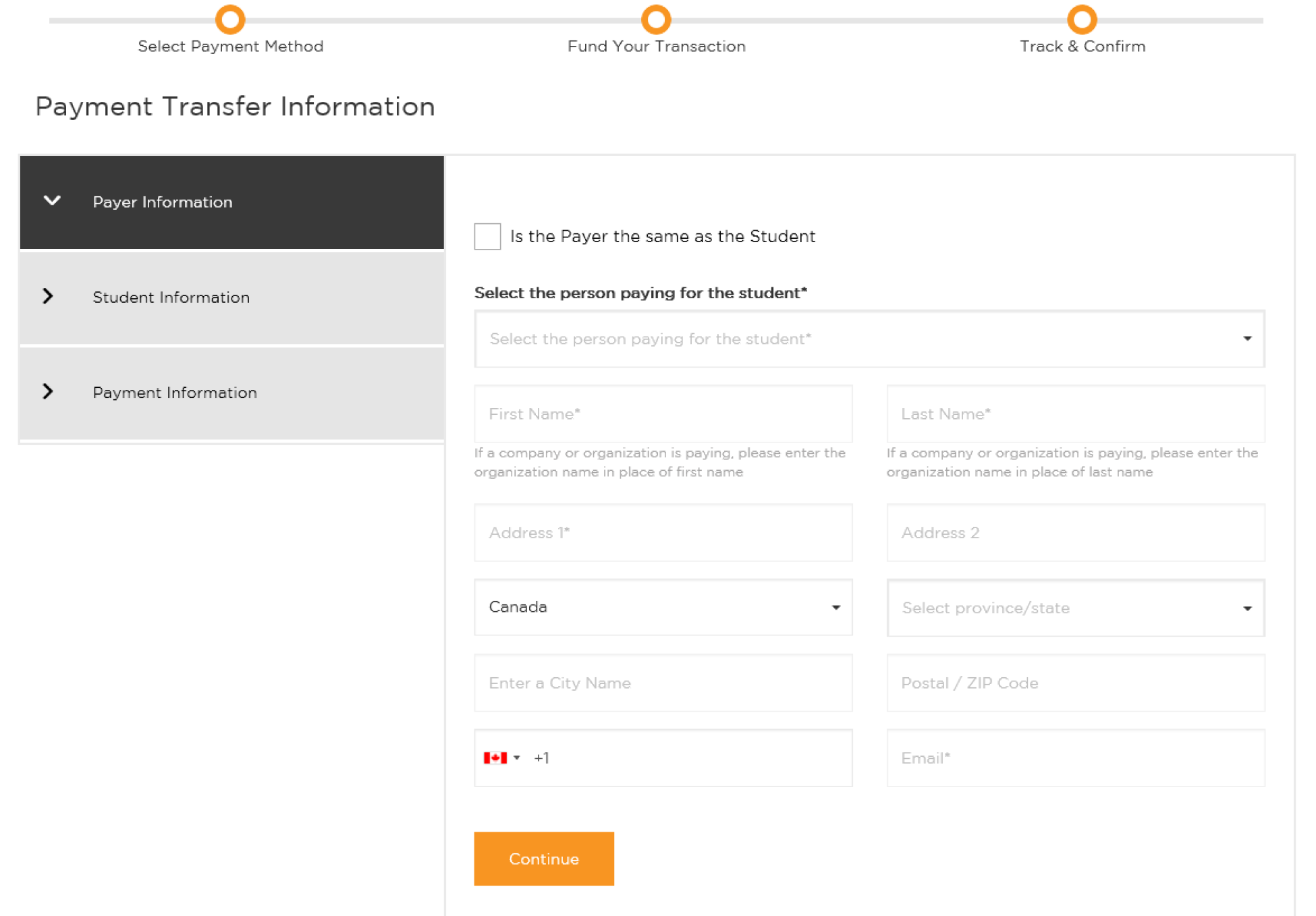 This screen shows Payment Transfer Information options: Payer Information. The payer is to complete the fields for name, address and contact.