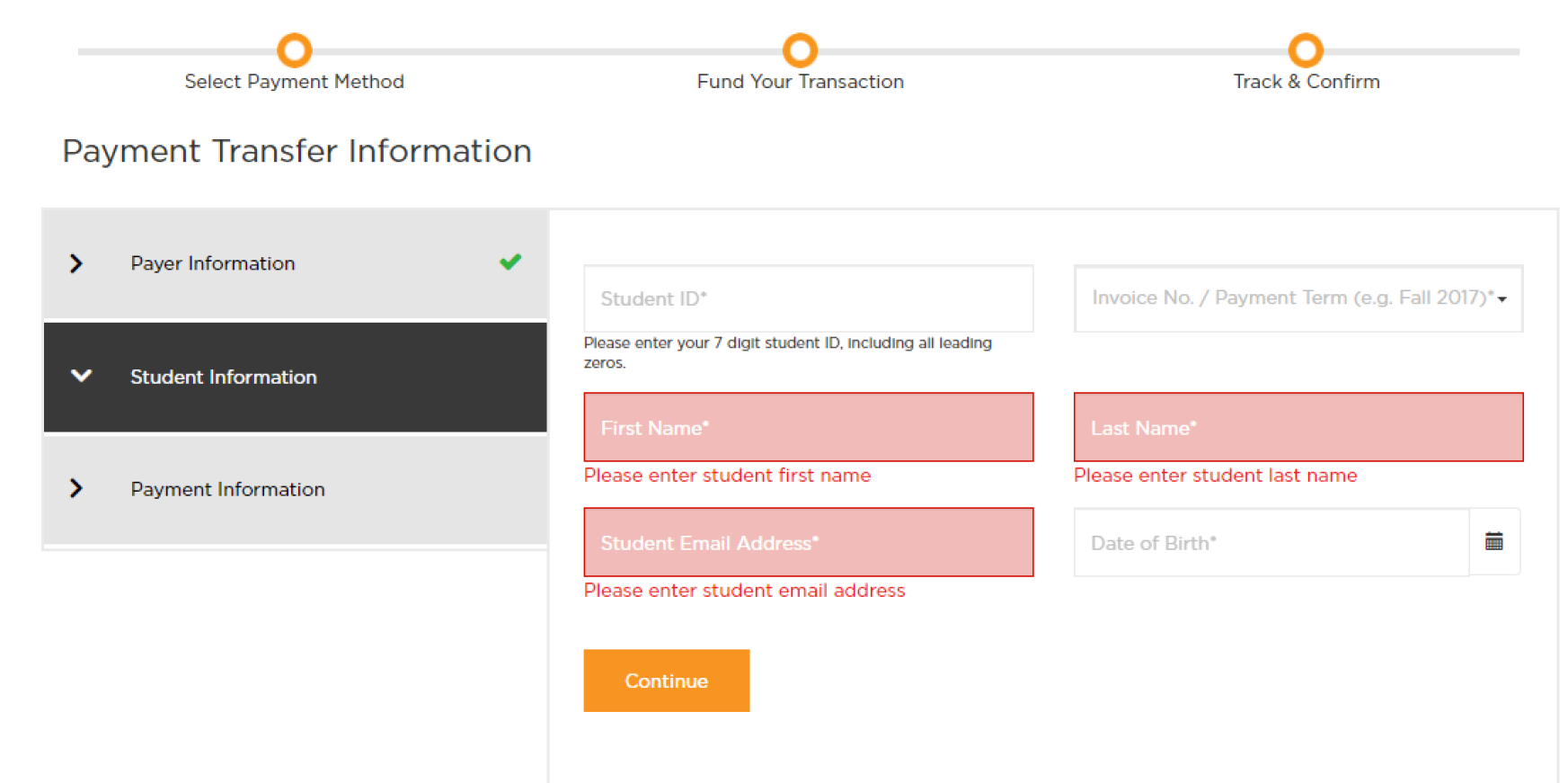 This screen shows Payment Transfer Information: Student Information. The student fillable fields include student ID, invoice number/ Payment Term, name and email.