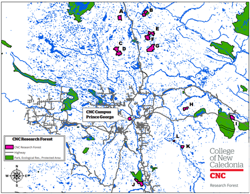 Map of CNC's Research Forest in Northern BC