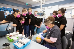 Professor using dummy to teach dental assistant students