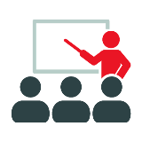 An icon showing a teacher pointing at a chalkboard with three students watching.