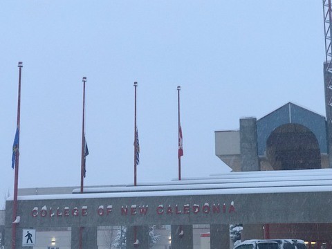 Front Entrance of College of New Caledonia With Flags At Half Mast