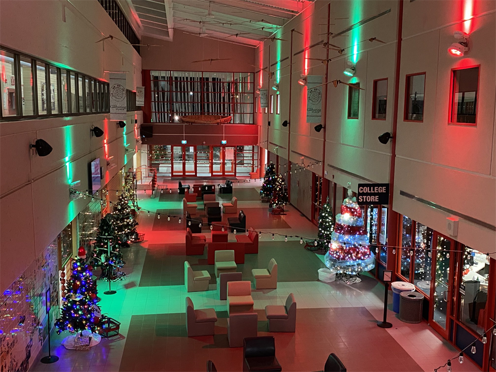 The CNC Prince George atrium lit up with Christmas trees and festive lighting