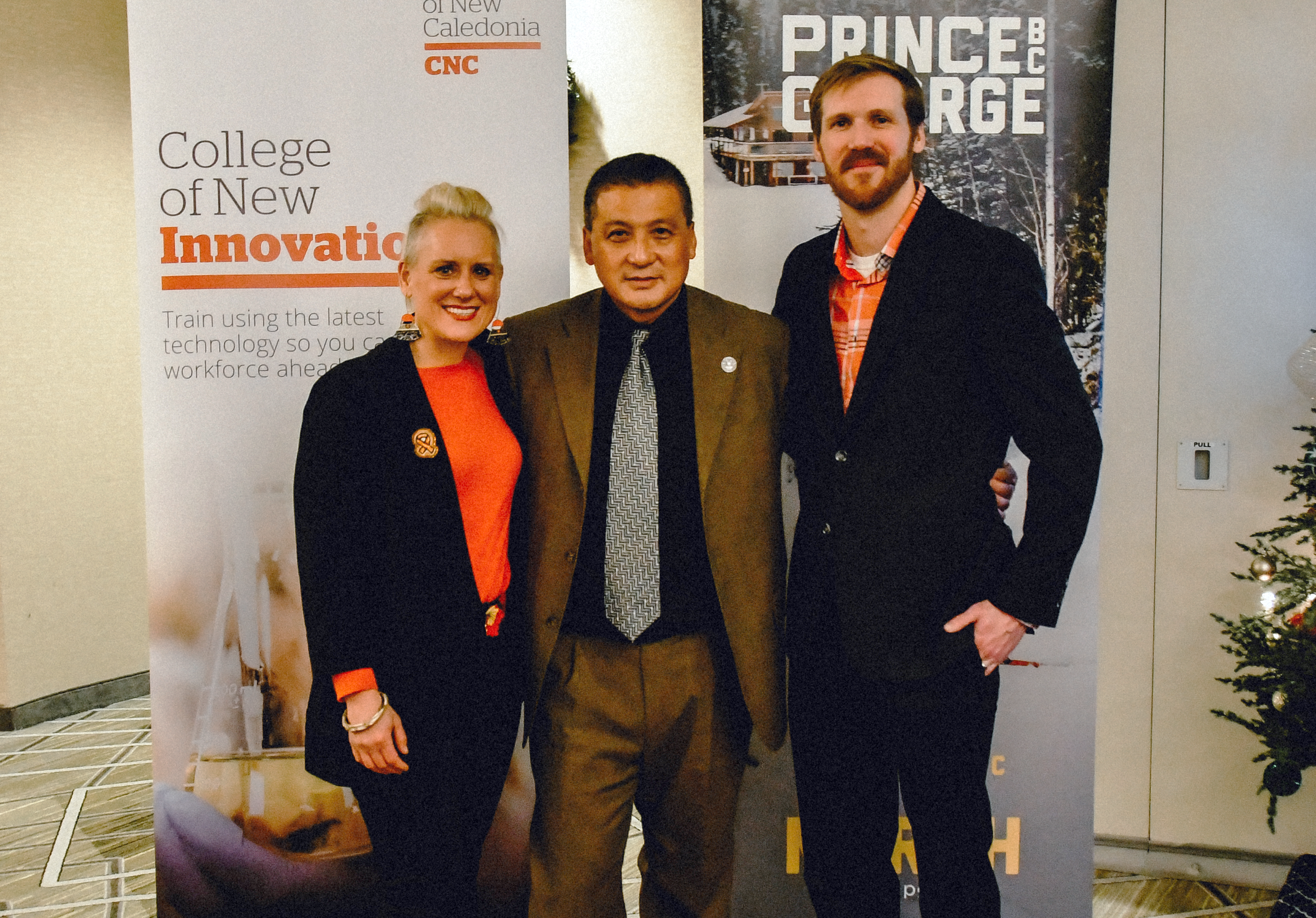 Amelia Merrick (Dean of School of Access & Continuing Education at CNC), Mayor Simon Yu, Colin Carson (CEO of Tourism Prince George)