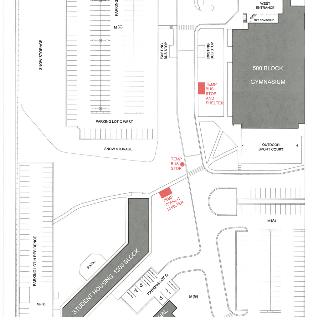 Transit Shelters Relocation Map Map: temporary transit shelters will include a temporary bus stop near the crosswalk to campus housing. One shelter by campus housing, one shelter beside the existing transit shelter outside the gym on Nicholson St.
