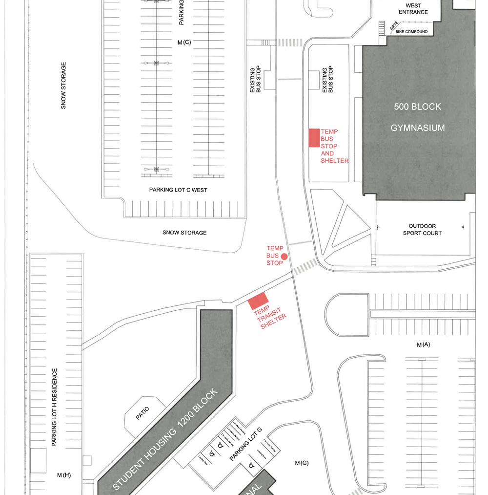 Map: temporary transit shelters will include a temporary bus stop near the crosswalk to campus housing. One shelter by campus housing, one shelter beside the existing transit shelter outside the gym on Nicholson St.