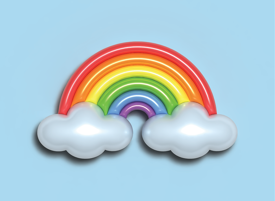 Inflatable rainbow with clouds on a sky blue background