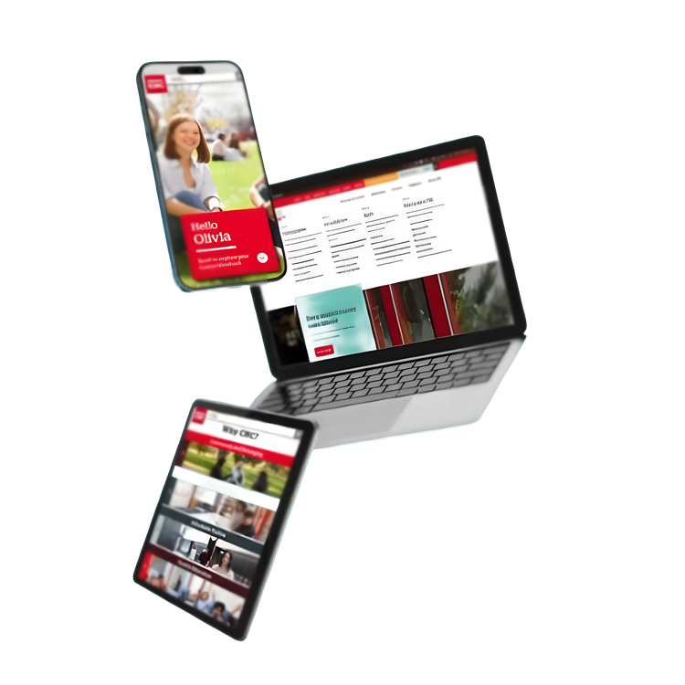 Custom viewbook website on a phone, laptop, and tablet